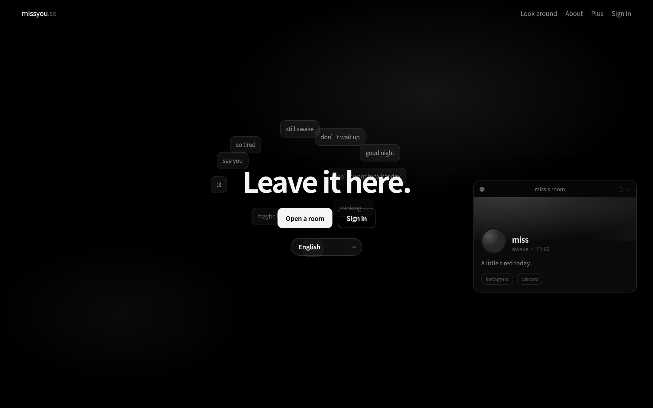 missyou.so home — a quiet personal room on the internet